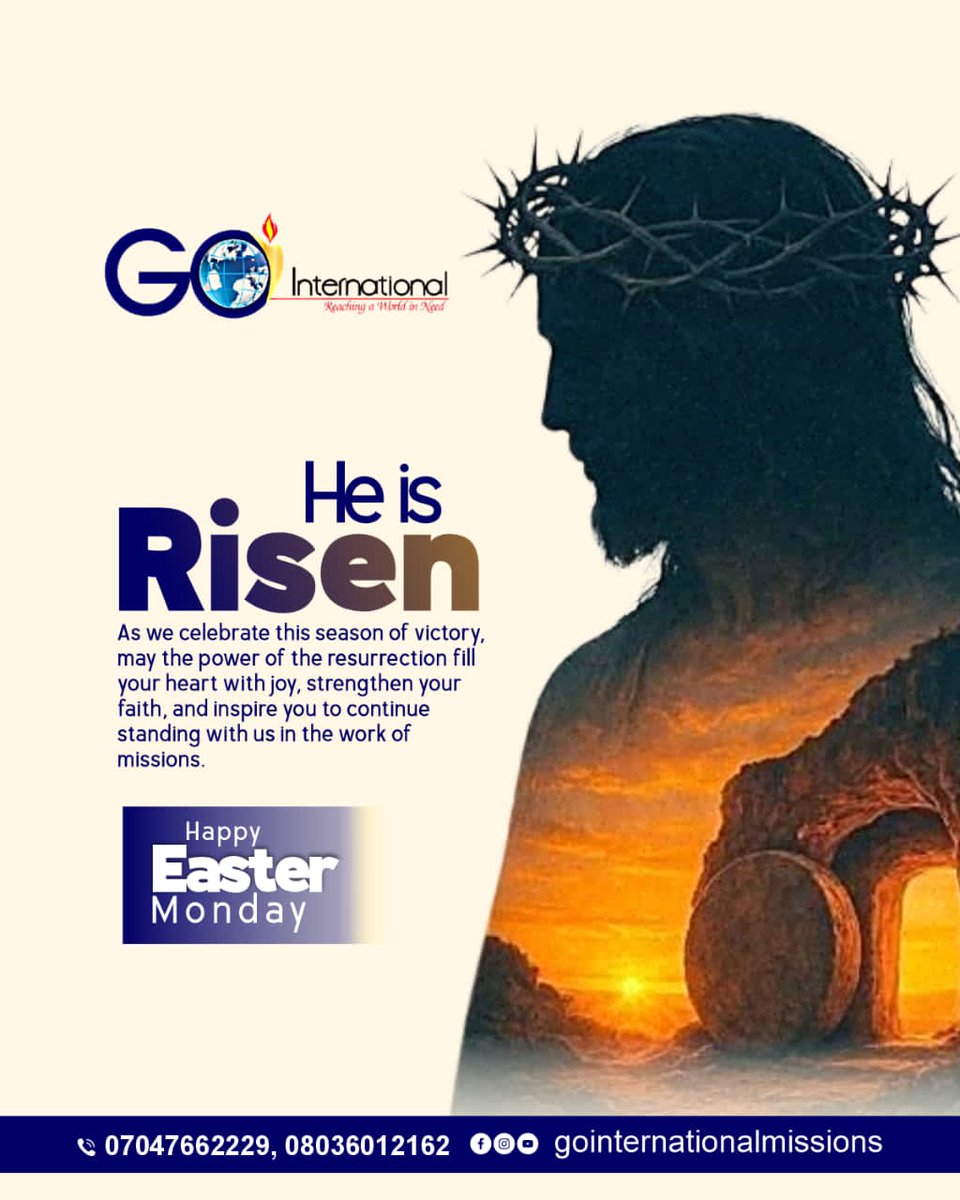 Go_Missions_'s tweet photo. He is Risen! ✝️✨

This Easter season reminds us of victory, hope, and new life. May the power of the resurrection fill your heart with joy, strengthen your faith, and inspire you to keep standing for the work of missions.

Happy Easter Monday! 🌅 #HeIsRisen #EasterVictory https://t.co/GZ2x1Cg5Q2