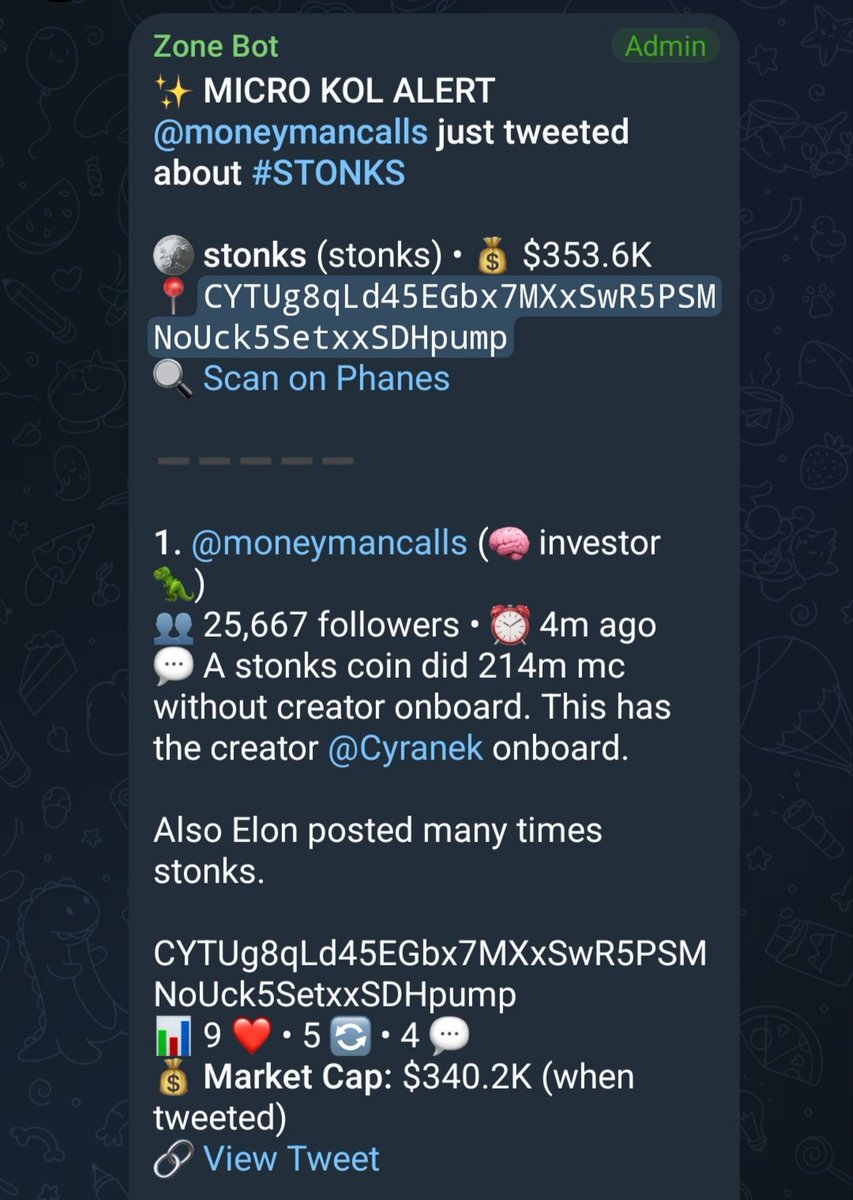 _Zonebot's tweet photo. A book nobody read. A meme everybody knows.

Someone put Meme Man in a suit, stood him in front of a stock chart and typed $STONKS.

The internet ran with it then CT did too.

Zonebot pinged $STONKS at $81.9K before anyone was looking.

From $81.9K → $1.35M(16.6X)

Smart wallets at $103.4K, $242.2K and $469.5K.
Whale alerts at $546.2K, $618.2K and $1.1M.
KOL mentions by @moneymancalls, @badattrading_, @HopiumPapi, @n1neshards, @fibonacki and @devs_hunter.

CYTUg8qLd45EGbx7MXxSwR5PSMNoUck5SetxxSDHpump

The narrative was always there.
Zonebot just saw it first. 
👉🏾  https://t.co/qa9o2uAtmT