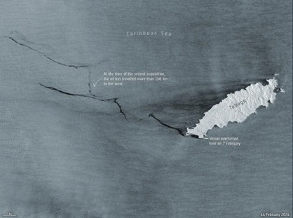 Register_Undip's tweet photo. Nah ini dia contoh dari Citra Sentinel-1D yang menunjukkan skala tumpahan minyak di lepas pantai Trinidad dan Tobago https://t.co/cme5n4AyoP