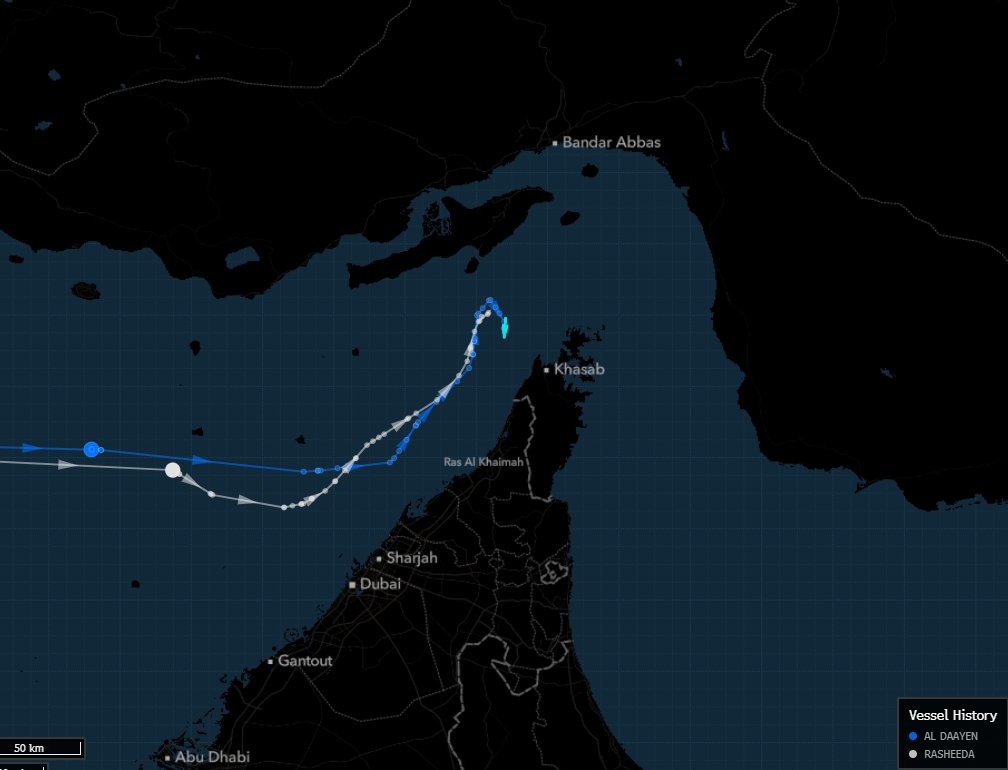SStapczynski's tweet photo. UPDATE: QATAR LNG SHIPMENTS APPEAR TO PAUSE ATTEMPT TO EXIT HORMUZ 🚨🚨

The ships have now slowed and pulled back slightly after earlier heading eastward toward the Hormuz opening. It isn’t immediately clear at this stage if the tankers will abandon the journey https://t.co/oAlPczCUDs