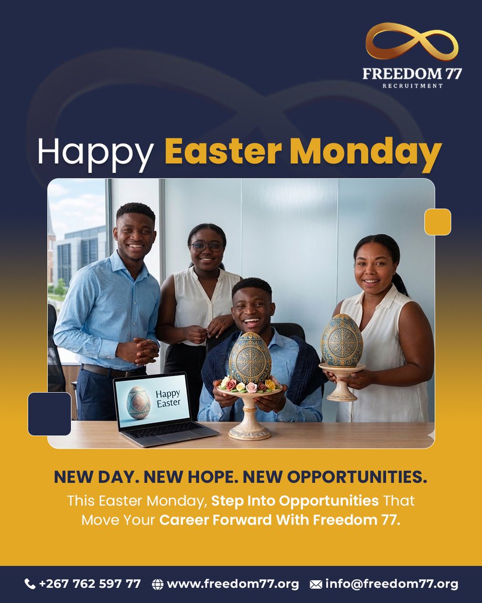 Freedom77_BW's tweet photo. 🌼 Happy Easter Monday from Freedom 77 Recruitment!

#EasterMonday #HappyEaster #NewBeginnings #CareerGrowth #NewOpportunities #JobsInAfrica #BotswanaJobs #CareerOpportunity #NowHiring #Freedom77Recruitment #JobSearch #ProfessionalGrowth https://t.co/ReeL9vnBdm