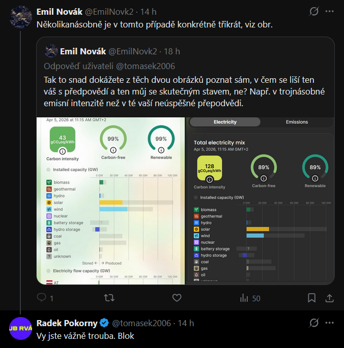 Web <a href="/ElectricityMaps/">Electricity Maps</a> pracuje v reálném čase s předpovědí dopředu (poznáte to podle označení "Preliminary"). Skutečnou výrobu doplňuje až zpětně, proto se může výsledná emisní intenzita oproti předpovědi dramaticky lišit. Jsem prý "vážně trouba", když jsem na to upozornil. 😀