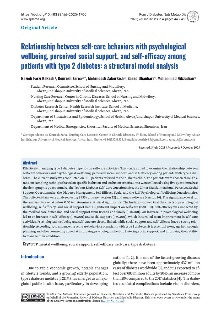 KouroshZarea's tweet photo. Relationship between self-care behaviors with psychological wellbeing, perceived social support, and self-efficacy among patients with type 2 diabetes: a structural model analysis
https://t.co/khmvHDoLW9 https://t.co/L6gGfpmbJb