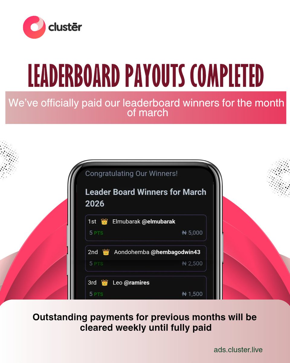 clusterliveapp's tweet image. March winners have received their payment
Big congratulations to everyone on the leaderboard. 
Note: Pending earnings would be paid out weekly
#ClusterLive #PayoutCompleted #EarnOnlineNG #SideHustle