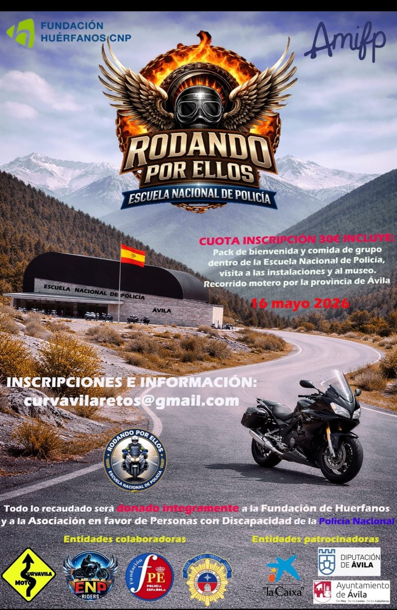 Los amigos de <a href="/CurvAvila/">CurvÁvila</a> realizarán una ruta benéfica por Ávila y los beneficios irán a la Fundación de Huerfanos y a la Asociación personas con Discapacidad de la Policía Nacional. 
Más info 👇 podéis verla en la imagen