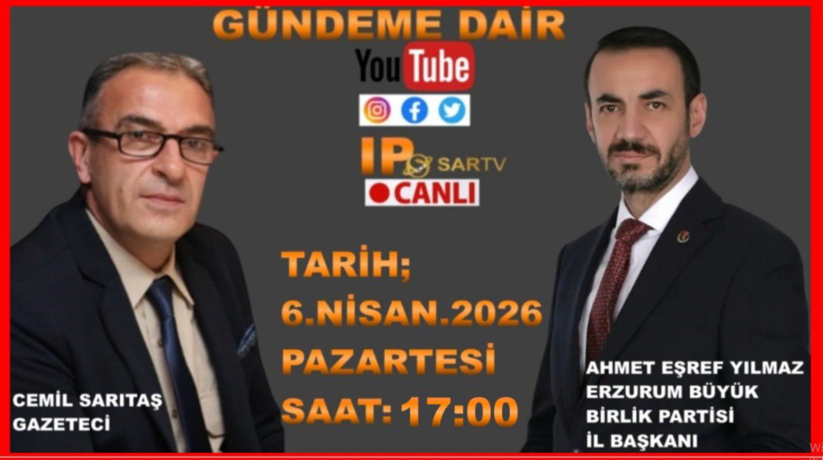 İl Başkanımız Sayın Ahmet Eşref Yılmaz Beyefendi Gazeteci Cemil Sarıştaş’ın hazırlayıp sunduğu “GÜNDEME DAİR” programının canlı yayın konuğu olacaktır.

6 Nisan 2026 PAZARTESİ
Saat: 17.00