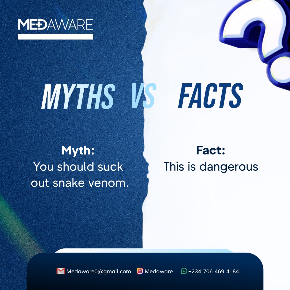 MEDAWARE_'s tweet image. Venom spreads fast, sucking it out won’t help and can cause more harm. Stay calm, immobilize the limb, and get to a hospital immediately for proper treatment.

Know the facts. Save a life. 🐍

#SnakeBite #FirstAid #MythBusted #PublicHealth #SafetyFirst
#Medaware