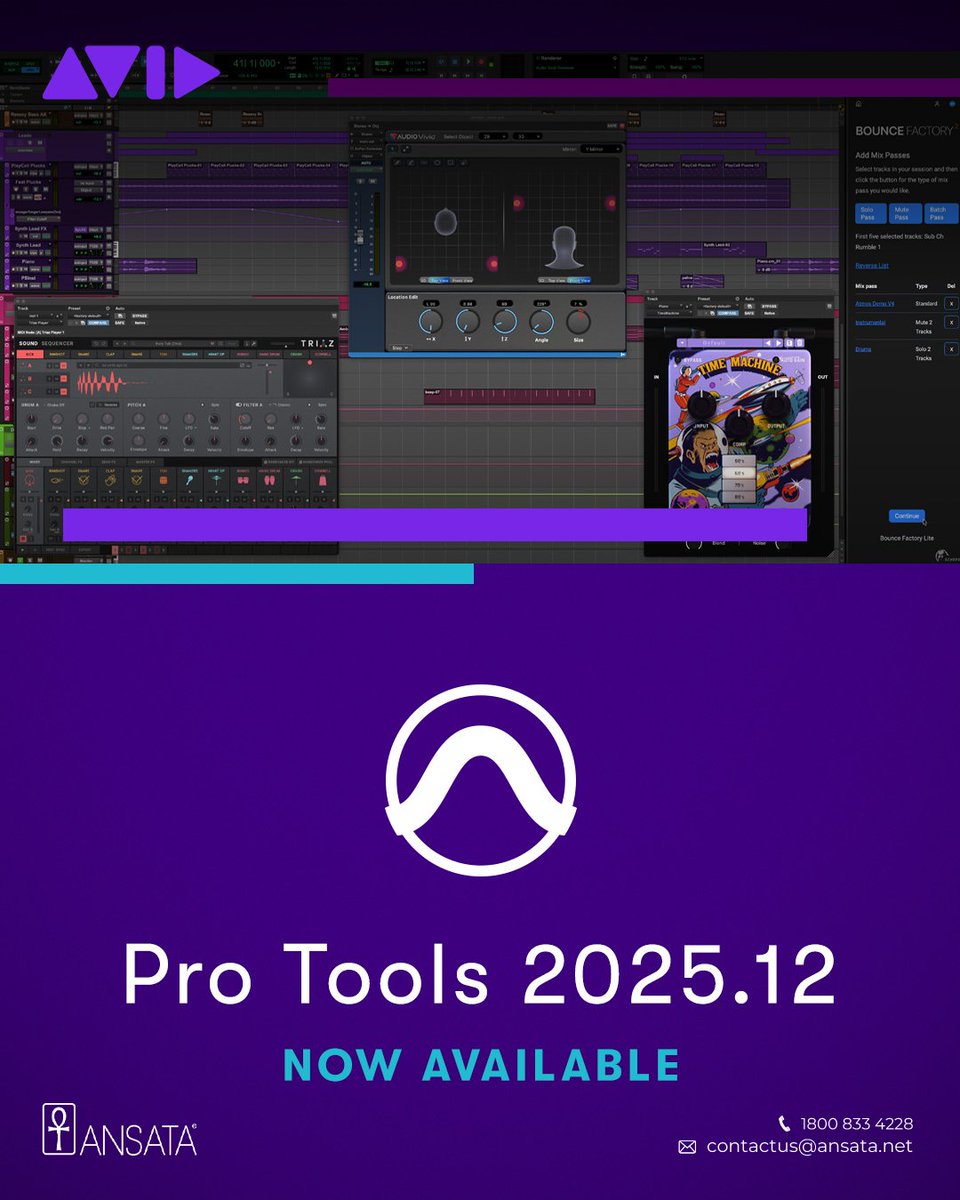 Mix &amp; deliver Audio Vivid content, quickly bounce mixes and stems with Bounce Factory Lite, and get new Inner Circle rewards with Pro Tools 2025.12 ▶️ avid.com/pro-tools

To know more, contact us at:

📞1800 833 4228
📩contactus@ansata.net

#protools #avidindia