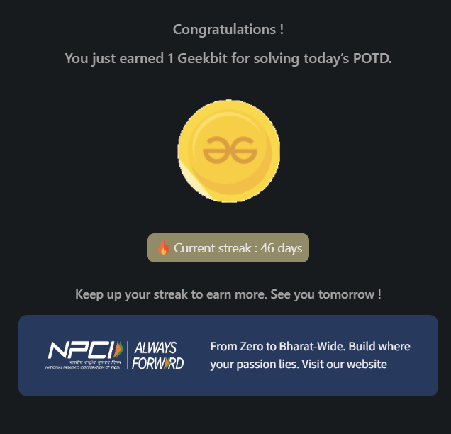 PrincyDubey84's tweet photo. Day 46/60 ✅

Tackled Huffman Encoding today! 🌳
#geekstreak60 #npci #POTD #DSA #HuffmanEncoding #GreedyAlgorithm #DataCompression #Python #Cpp @geeksforgeeks @NPCI_NPCI https://t.co/7ag9QyRp8w