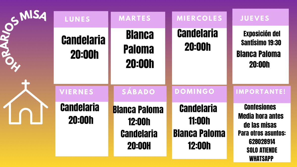 Cambiamos la hora nosotros también!! A partir de ahora la misa por la tarde será a las 20:00 h .. pero LOS LUNES SIGUE SIENDO A LAS 18:00h✨