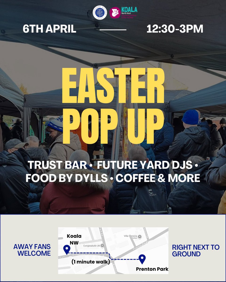 Tranmere_Trust's tweet image. Huge game today. We’ll be open 12.30-3pm with:

🍻Trust bar (ft Murphy’s, Deya &amp;amp; more)
🎧 @future_yard DJs
🥧 @DyllsBakery hot food &amp;amp; Easter treats
☕️ Coffee + hot choc
🥫 Food bank collection

📍Right next to ground shorturl.at/lHEBa

Home + away fans welcome!

#TRFC #SWA