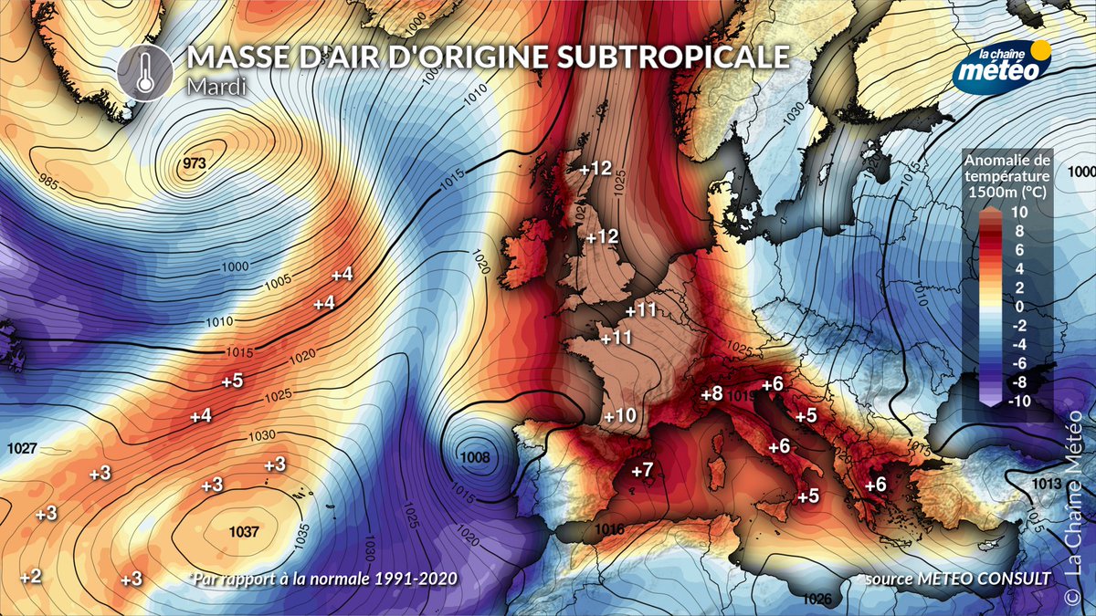 lachainemeteo's tweet image. ☀️🌡️Demain mardi, la #température en altitude (à 1500 m environ) sera supérieure de plus de 10°C au-dessus de la #normale, preuve d'une masse d'#air exceptionnellement #chaude. Ce type de situation, si elle se produisait en plein été, entrainerait une #vaguedechaleur.