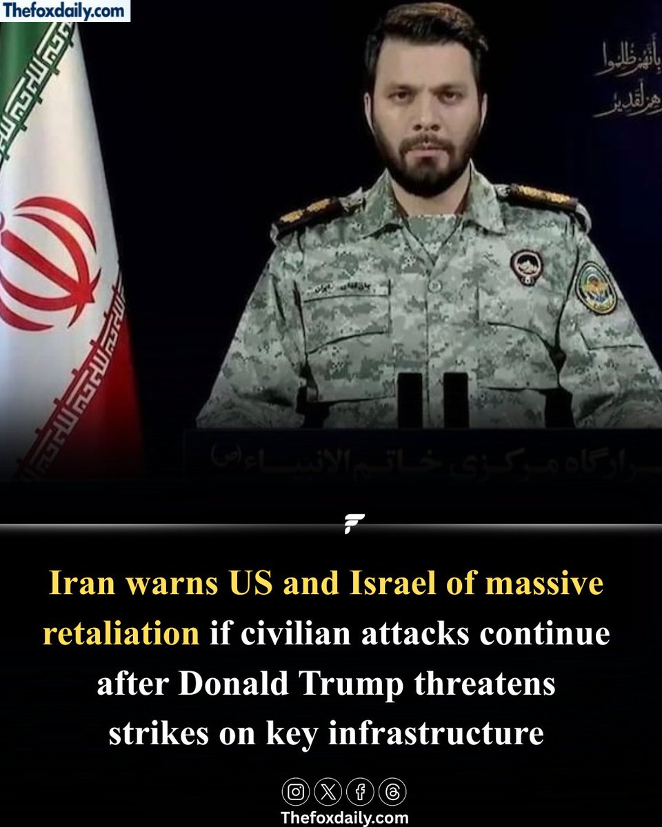 Thefoxdailynews's tweet image. Iran warns the United States and Israel of massive retaliation if civilian attacks continue after Donald Trump threatens strikes on key infrastructure.
.
.
#IranWarning #USIranTensions #IsraelConflict #MiddleEastCrisis #Thefoxdailynews