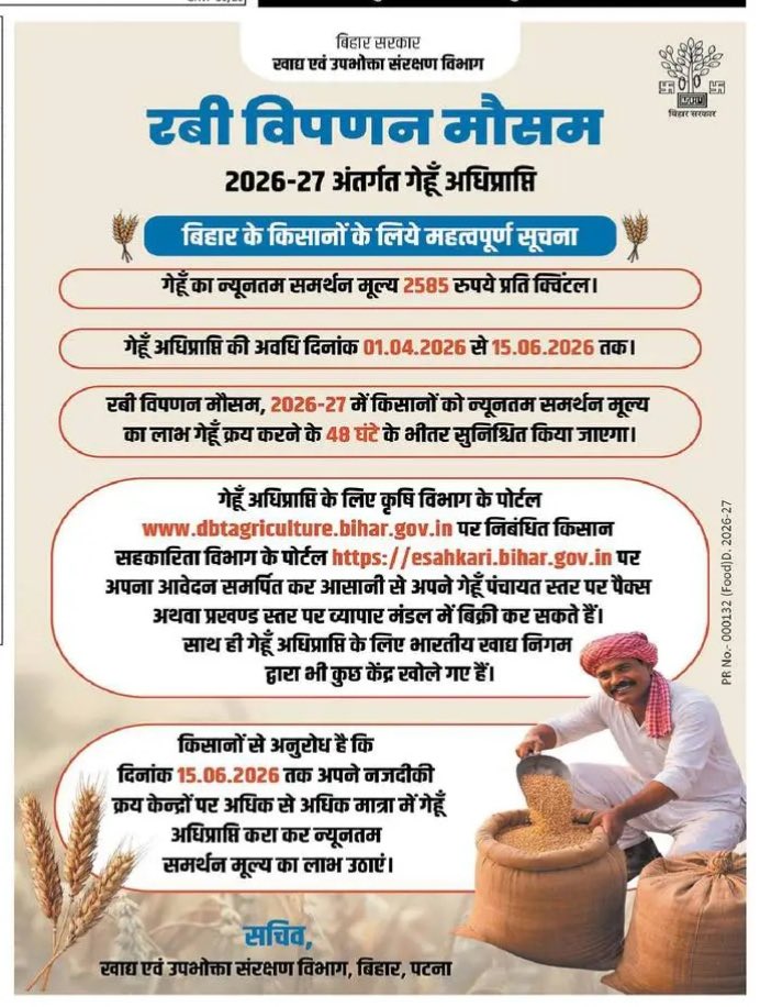 food_bihar's tweet image. गेहूं अधिप्राप्ति को लेकर बिहार के किसानों के लिए महत्वपूर्ण सूचना

@LeshiSingh 
@AbhaySinghIAS 
@IPRDBihar 
#BiharFoodConsumerProtectionDept 
#foodsecurity 
#MSP 
#bihardevelopment