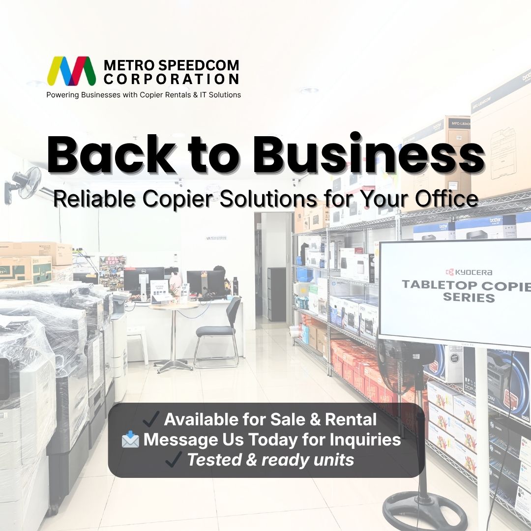 MetroSpeedcom's tweet image. Back to business this week.

Make your office ready with reliable copier rental and sales in Metro Manila.

✔ For office &amp;amp; business use
✔ Tested units
✔ Ready for deployment
Send us a message today.

#CopierRental #MetroManila #OfficeSetup #BusinessPH