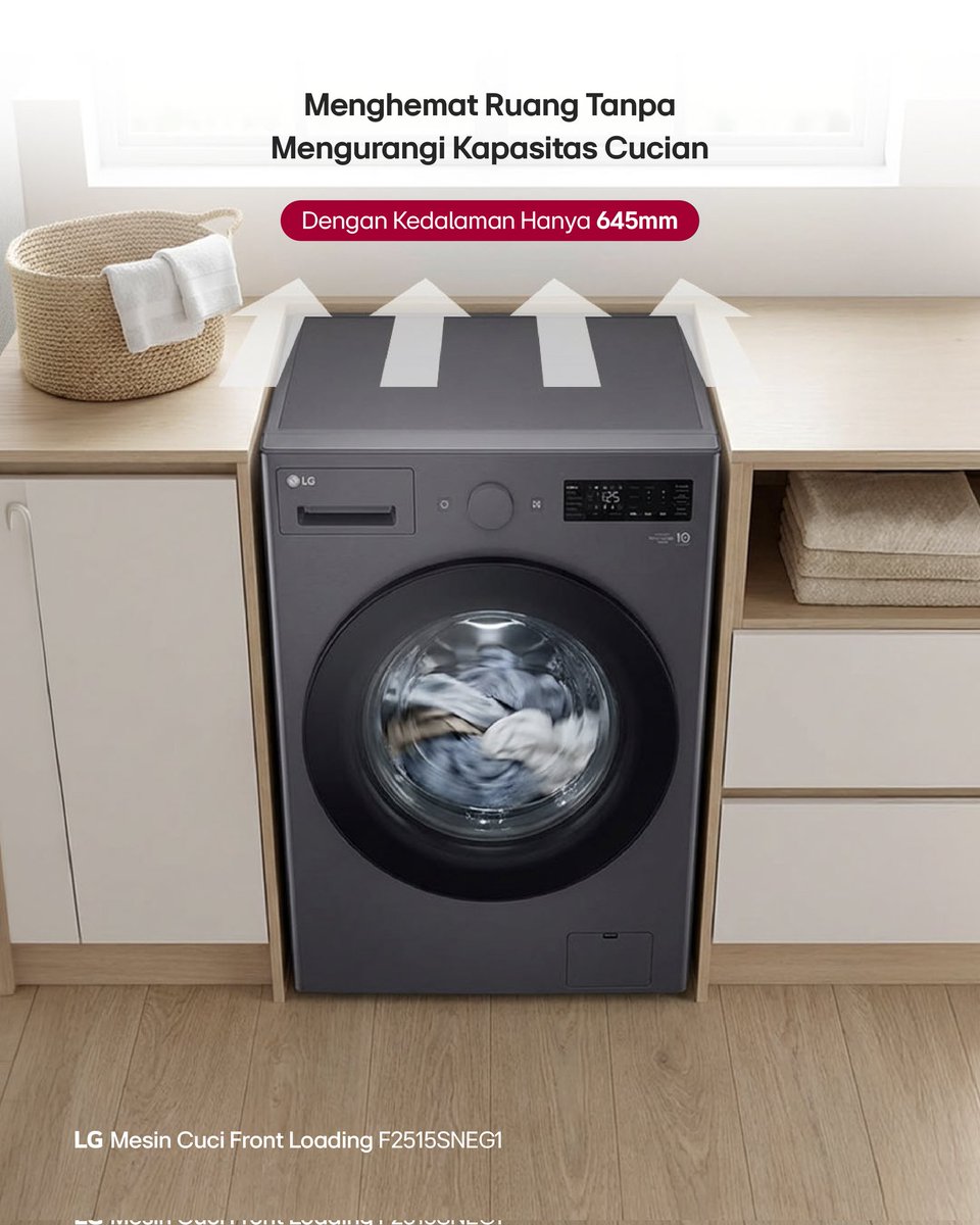 Ruang laundry tetap terasa rapi tanpa mengorbankan kapasitas cucian.

LG Mesin Cuci Front Loading dirancang dengan desain yang membantu menghemat ruang di rumah. Dengan kedalaman hanya 645 mm, mesin cuci ini mampu menghemat hingga 125 mm ruang tanpa perlu mengorbankan kapasitas