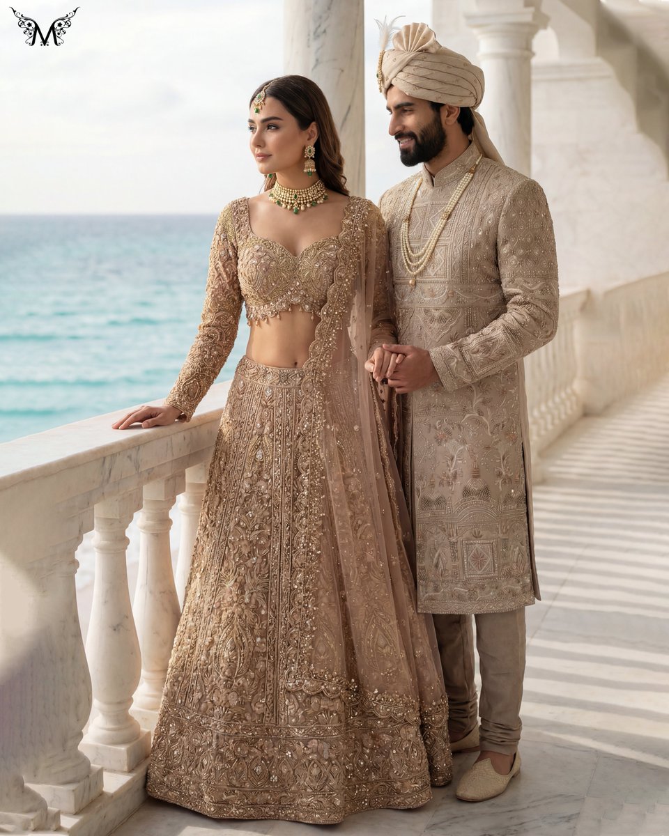 MerajCouture's tweet photo. Ethereal
Set against the endless blue, this moment is wrapped in timeless elegance.
The bride shines in a richly embroidered golden lehenga, where intricate handwork, delicate motifs, and flowing textures come together in perfect harmony. https://t.co/wZ0yW9IZIM