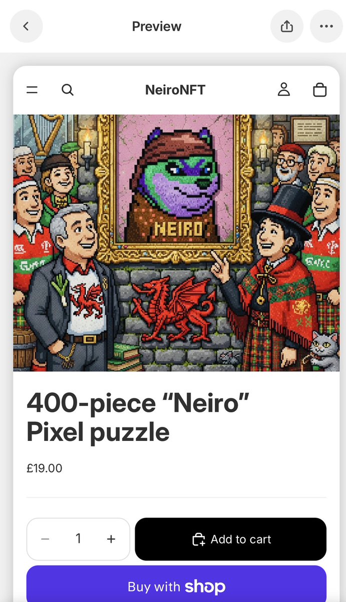neironft's tweet photo. We very proud to announce our collaboration with @Shopify and it will  contain a lot of plans to neiro product! 

Firstly we managed to get our NeiroNFT account live on @Shopify and we started  selling neiro products!! 

First product for sale  is neiro pixel puzzle!! 

Neiro Puzzle,” is designed to be one of the most challenging and engaging puzzles on the market. Due to the intricate pixel art style and detailed facial line work in our designs, it offers a unique cognitive challenge that encourages focus, problem-solving, and deeper engagement with the artwork.
 
Neiro pixel puzzle going to change the world! We are going to be the only pixel art based on NFTs collection turned into puzzle! There’s huge benefits for the human brain. nonograms or picross puzzles or pixel puzzles
Pixel puzzles rely on interpreting number clues to fill in a grid correctly. This engages pattern recognition and deductive reasoning, which are key parts of problem-solving.
You often need to hold multiple clues in your head at once (row rules, column rules, partial solutions). This helps train your working memory, which is essential for learning and focus.
These puzzles require sustained attention. Over time, regularly playing them can improve your ability to focus for longer periods without distraction.
In short, pixel puzzles are like a workout for your brain—they combine logic, memory, and focus in a way that’s both challenging and relaxing.

Link to buy 

https://t.co/SOP5F6cd6R