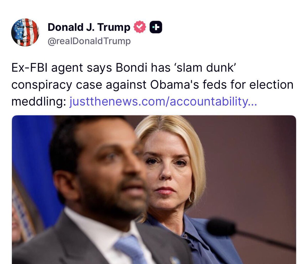 RickardsJi16's tweet photo. 🚨 BREAKING: President Trump posts that AG Pam Bondi has a "slam dunk conspiracy case" against OBAMA officials for election meddling

This would be a MASSIVE prosecution. The people demand it! https://t.co/c5TSZfUOQT