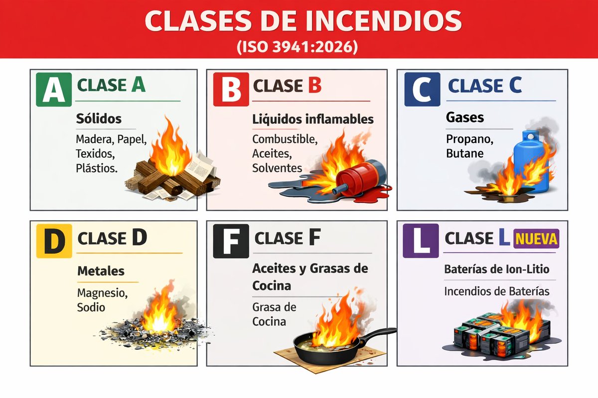 🔥Clases de #incendio
Agente extintor adecuado y Riesgos
A→ agua/espuma/polvo ABC
B→ espuma/CO₂ .⚠️No agua a chorro
C→ cortar suministro +polvo
D→ polvo especial.⚠️Nunca agua ni CO₂
F→ químico húmedo.⚠️Nunca agua
L→ refrigeración prolongada y control continuo.⚠️Reignición