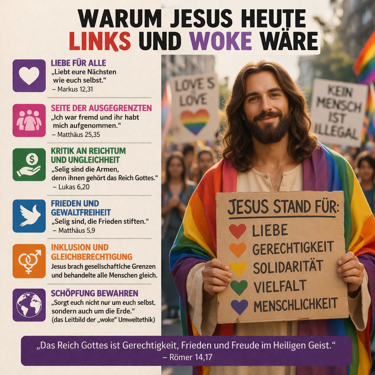 JT_Voermann's tweet image. Jesus predigte Nächstenliebe, stellte sich auf die Seite der Ausgegrenzten und kritisierte Ungerechtigkeit. Viele Werte, die heute als „woke“ gelten, spiegeln genau diese Haltung wider.

#Ostern #Ostermontag #Ostermarsch