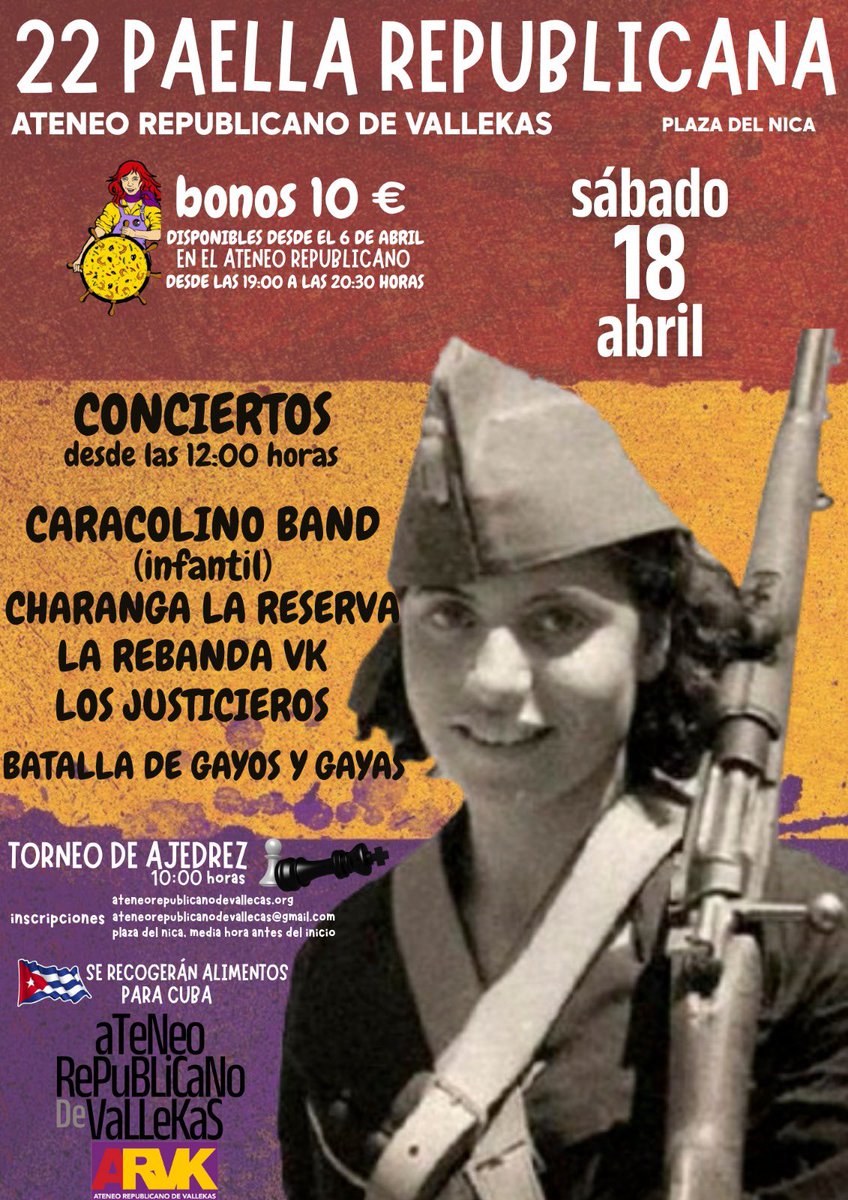 🥘El próximo sábado 18 de abril vuelve la Paella Republicana del Ateneo Republicano de Vallecas en la Plaza del Nica.
Desde las 10h con torneo de ajedrez y a partir de las 12h conciertos, actividades y ambiente de barrio.
Un plan popular, cultural y reivindicativo en Vallecas.