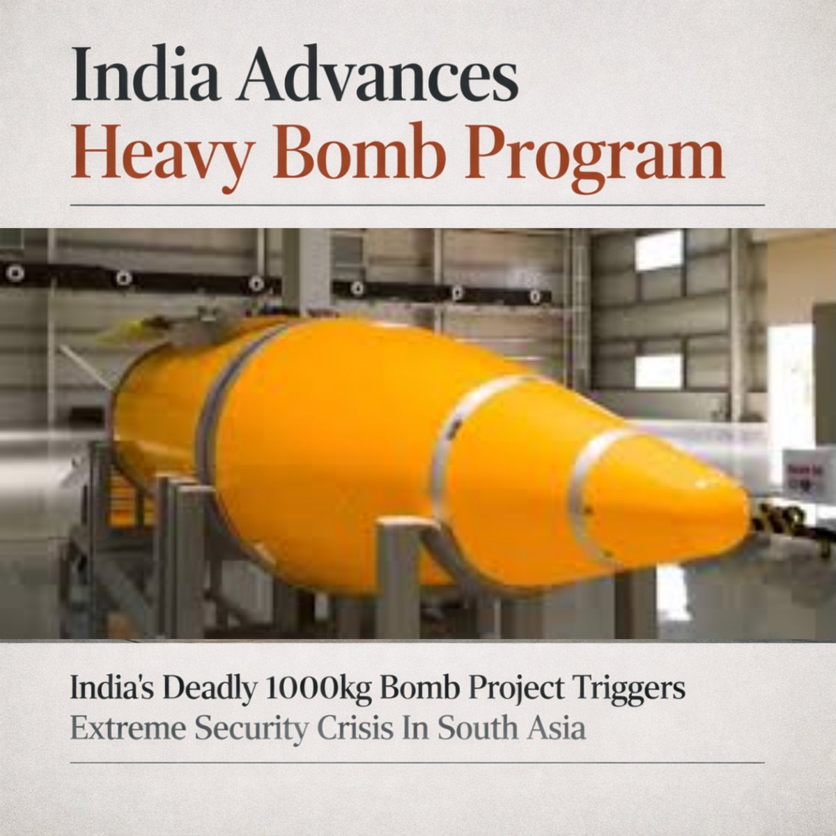 digitalpakforce's tweet photo. A new 1000kg bomb project in India is raising serious questions about security, strategy, and the future of stability in South Asia. 

#FMAsimMunirForStability #HappyEaster #Trump #ゼパちゃん #SouthAsia #Defense https://t.co/wHTEMPJ9wh