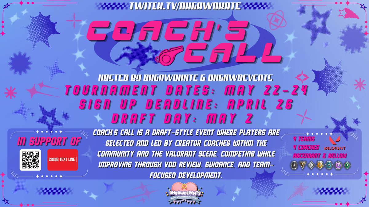 📢CALLING ALL <a href="/VALORANT/">VALORANT</a> PLAYERS!📢

Introducing the next <a href="/OhgawdEvents/">OhgawdEvents</a> Valorant Charity Tournament: COACH’S CALL! A community-driven, draft-style event built around growth, competition, and helping you improve as a player!🫵

Coach’s Call is designed to give players real,
