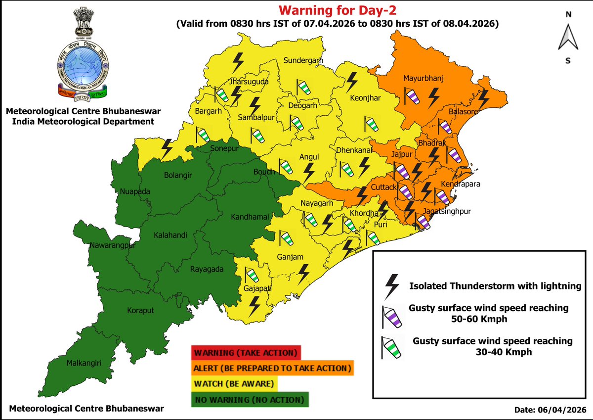 mcbbsr's tweet image. Warning for the State.   
Day-1 : Isolated Hailstorm.
Day-1 to Day-5 : Isolated Thunderstorm, Lightning &amp;amp; Gusty Wind Warning.   
Day-6 &amp;amp; Day-7 : No Warning.   #Thunder #lightning #Warning #Odisha #odishaweather #WeatherUpdate