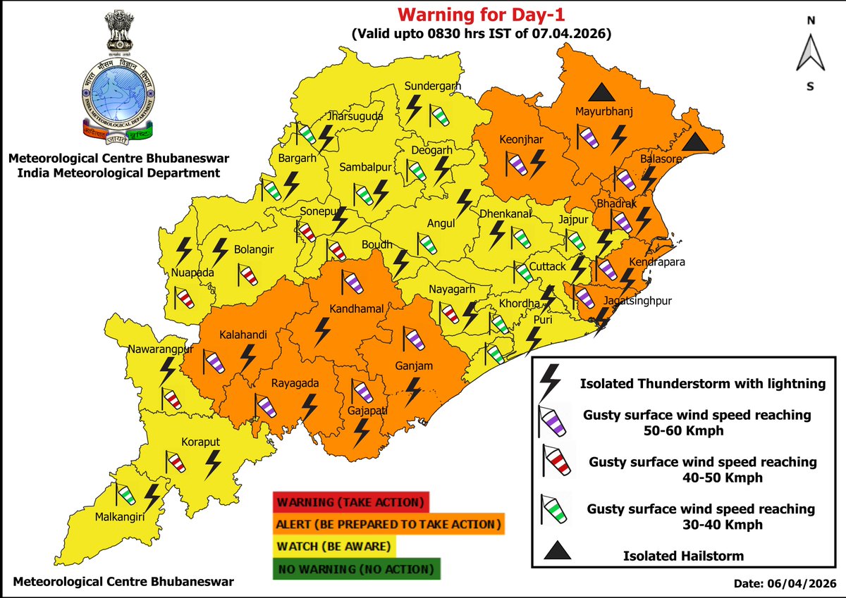 mcbbsr's tweet image. Warning for the State.   
Day-1 : Isolated Hailstorm.
Day-1 to Day-5 : Isolated Thunderstorm, Lightning &amp;amp; Gusty Wind Warning.   
Day-6 &amp;amp; Day-7 : No Warning.   #Thunder #lightning #Warning #Odisha #odishaweather #WeatherUpdate