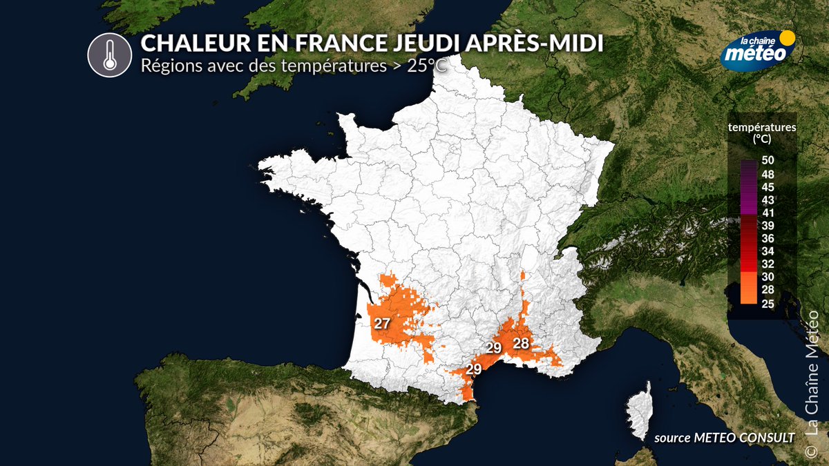 lachainemeteo's tweet image. 🌡️ Voici l'évolution de l'épisode de #chaleur précoce en France, où la #température atteindra et dépassera la barre des 25°C les après-midis (un jour de chaleur correspondant à 1 jour où la température maximale atteint ou dépasse 25°C). L'ouest du pays est plus particulièrement