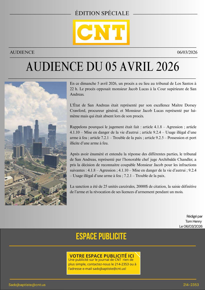CNT_Sadoj's tweet photo. 🟡Audience du 05 Avril 2026. 

#LosSantos #CNT #SanAndreas #SADoJRP #Tribunal #Jugement https://t.co/SoO2IMWTol