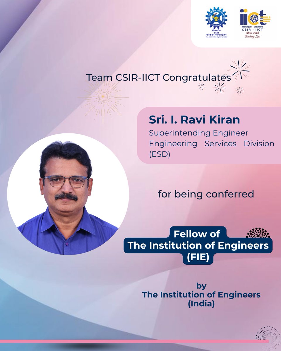 csiriict's tweet image. Congratulations to Sri. I. Ravi Kiran!
He has been conferred with the prestigious title of Fellow of The Institution of Engineers (FIE) by The Institution of Engineers (India).
@CSIRIndia @IndiaDST 
#csiriict #FIERecognition #mechanicalengineering #ProfessionalAchievement