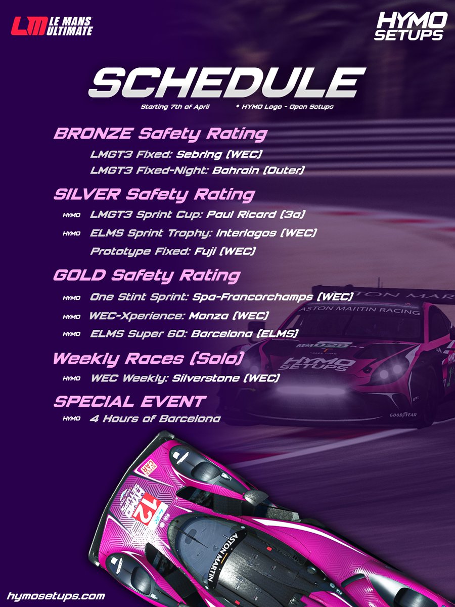 HymoSetups's tweet image. New week, new races! Check out the schedule for @LeMansUltimate!🏁

Whether you're Bronze, Silver or Gold, there's plenty on the calendar to keep you busy this week.

Grab your setups at hymosetups.com and get out there! 🚀

#LeMansUltimate #LMU #HYMOSetups #SimRacing