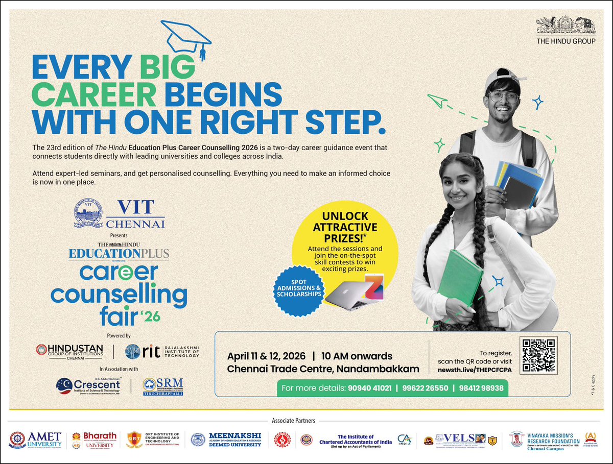 the_hindu's tweet photo. Proud to present the 23rd edition of The Hindu EducationPlus Career Counselling Fair 2026 in Chennai.

This isn’t just another education event. It’s where students get clarity, direction, and access all in one place. From expert-led seminars to personalised counselling and direct interaction with top institutions, the focus is simple: helping students make informed decisions about their future.

📍 Chennai Trade Centre, Nandambakkam
📅 April 11 & 12, 2026

Register now: https://t.co/Kwya6c6JXz

If you are a student, parent, or educator, this is where the journey gets real.

#Education #CareerGuidance #FutureReady #StudentSuccess #TheHindu #ChennaiEvents #HigherEducation