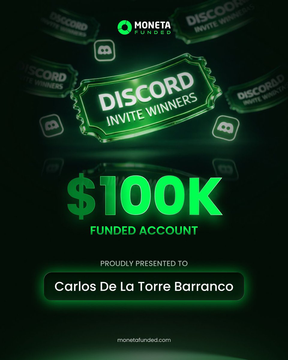 gana__jr's tweet photo. 🎉 Big congratulations to Carlos De La Torre Barranco!

You've won a $100K Funded Account as a Discord Invite Winner with Moneta Funded! 🔥

Keep crushing it! 💪 https://t.co/Mn3vlP6XnL