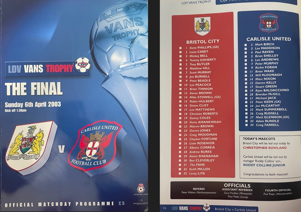 bcfcshirt's tweet photo. ON THIS MATCHDAY 2003 City beat Carlisle 2-0 to win the LDV Vans Trophy in Cardiff. Lee Peacock opens the scoring before Liam Rosenior slides in the 2nd goal, leaving Tommy Doherty to lift the trophy. https://t.co/y3oO91B9yi