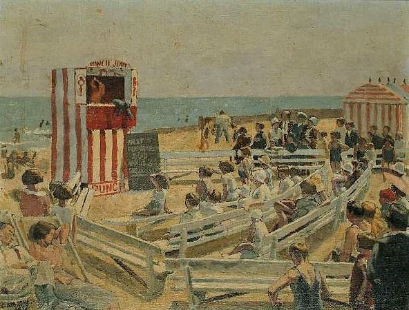 EastLndonGroup's tweet image. Even though it is still very early in the year, on #BankHolidayMonday I thought that this painting of "Punch" by Cecil Osborne from 1933 might suit. I have also included Cecil's archive photo of the scene which it turns out was at Walton-on-the-Naze #CecilOsborne #EastLondonGroup