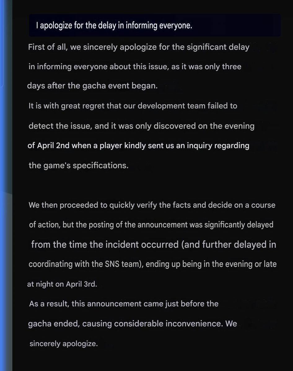 It took you almost 2 DAYS to notice the message from A PLAYER, you didn't even notice a mistake to begin with, you wrote an announcement INGAME ONLY because you didn't expect many would notice, and you didn't even dare to extend the bfes gacha or at least ADD MISSING CARDS??