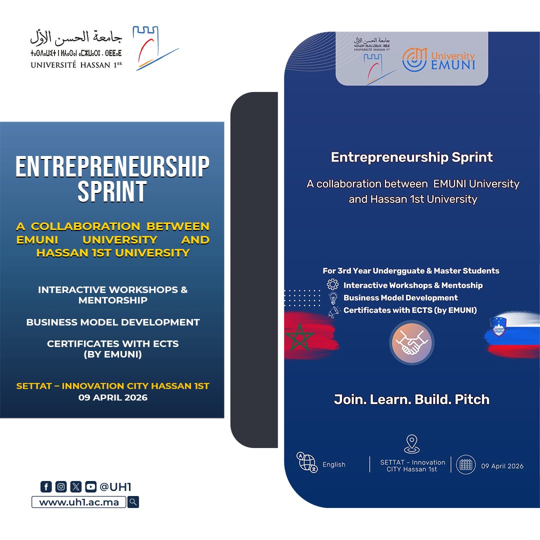 PremierHassan's tweet photo. Université Hassan 1er promeut l’entrepreneuriat à l’international !
En partenariat avec EMUNI University, un Entrepreneurship Sprint est organisé au profit des étudiants Licence 3 &amp; Master.

🗓️ 09 avril 2026, Cité d’Innovation de Settat https://t.co/8dqHoVtb5O