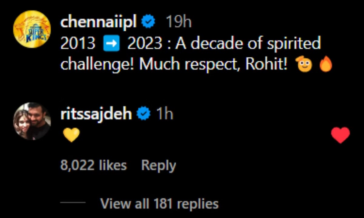 ImRo45_Club's tweet photo. The moment Rohit Sharma was removed from captaincy, the first team to come forward with a beautiful thank you reel was CSK!!  🫡💛 

This is pure mutual respect between two great franchises, led by the two finest T20 captains of all time. 🥹💙 https://t.co/fUU0kVhg7a
