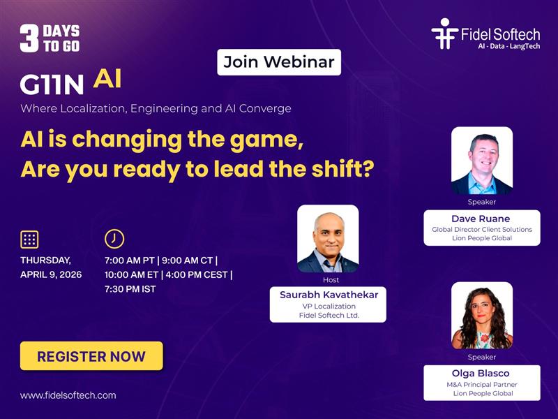 Fidel brings you the next G11nAI Webinar.

Gain powerful insights from industry leaders Olga Blasco &amp;  Dave Ruane from Lion People Global, along with our host Saurabh Kavaathekar.
 
Join us on Apr 9, 2026. Register now: fidelsoftechpvtltd.my.webex.com/weblink/regist…
 
#GlobalProfessionals #Localization