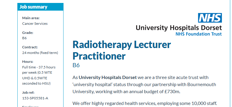 TVWRTNetwork's tweet photo. A great opportunity has arisen to join the Radiotherapy Team
@UHD_NHS
University Hospital Dorset NHS Foundation Trust. https://t.co/6ldLRhYzKN