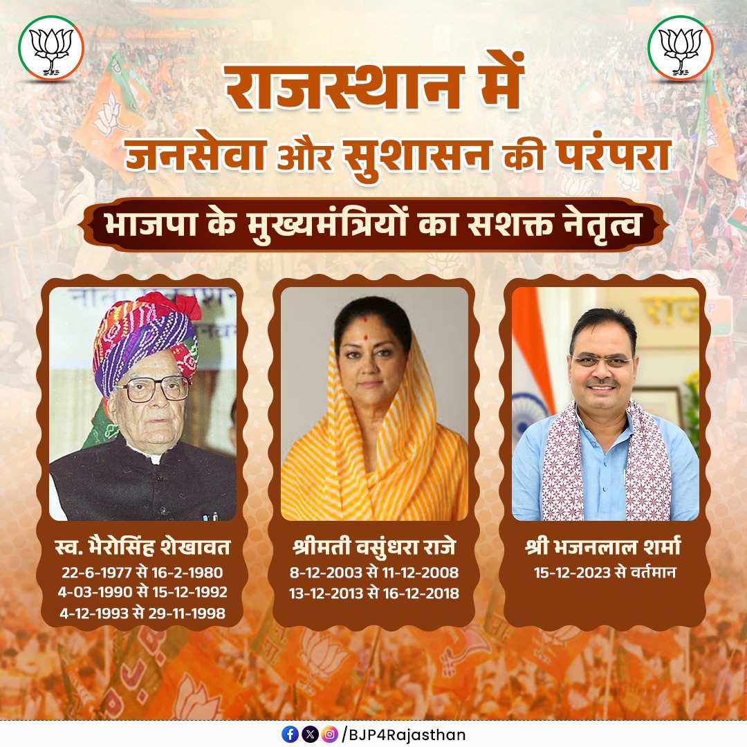 भारतीय जनता पार्टी के सशक्त नेतृत्व में जनसेवा और सुशासन की परम्परा लगातार मजबूत हुई है। भाजपा के मुख्यमंत्रियों ने प्रदेश में मजबूत कानून-व्यवस्था, बेहतर बुनियादी ढांचा, गरीब कल्याण योजनाओं का प्रभावी क्रियान्वयन और निवेश को बढ़ावा देने वाली नीतियों से राजस्थान को नई पहचान दिलाई