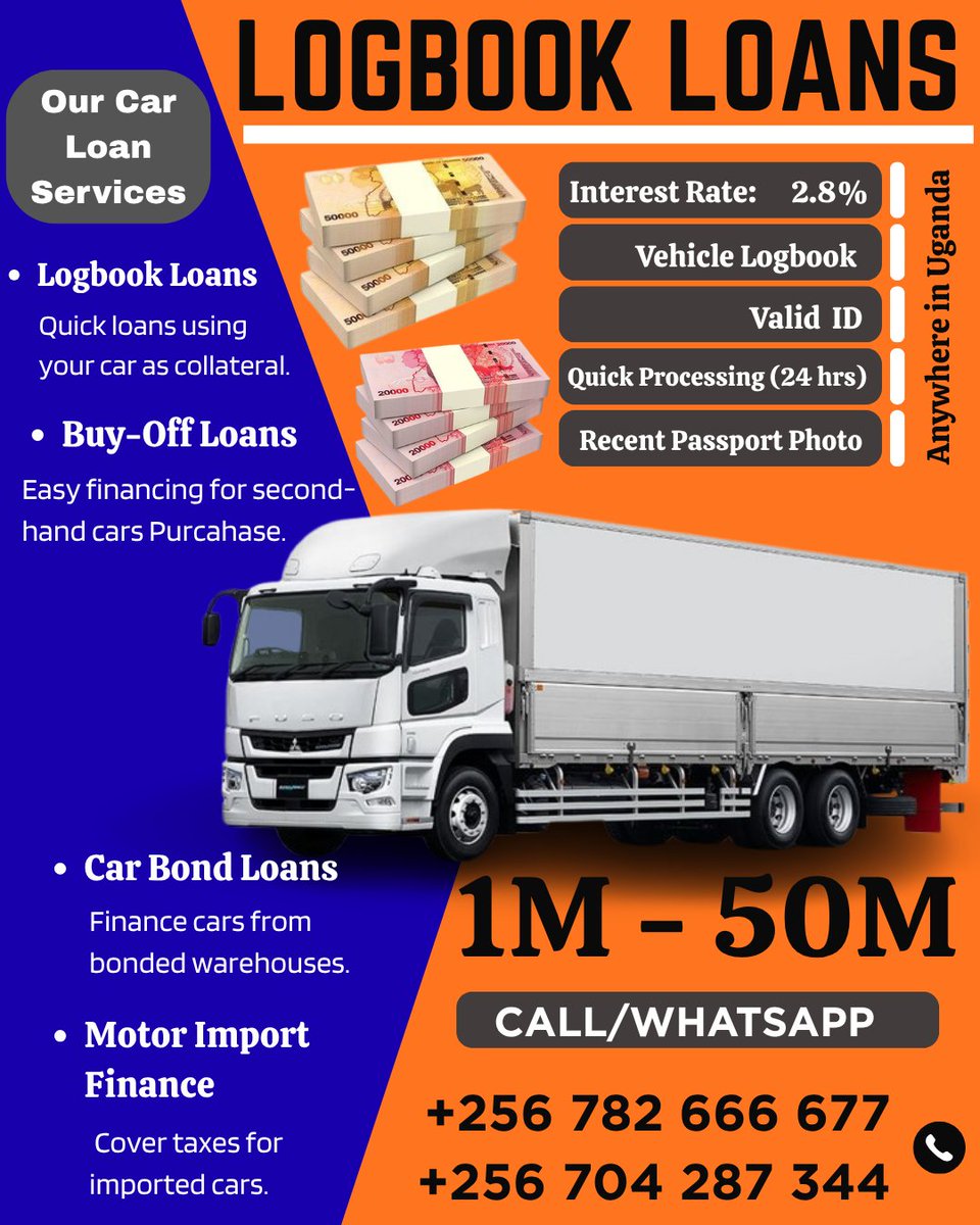 ViatoriU's tweet photo. Turn your car into instant cash!

Get 1M–50M in just 24 hours using your vehicle.
✔️ Business | School fees | Emergencies
✔️ Cars, trucks &amp; commercial vehicles welcome
✔️ Buy cars &amp; use them as security

📍 Anywhere in Uganda
📋 ID + Logbook required

Your Car. Your Cash. Fast. https://t.co/SDc3r59weQ