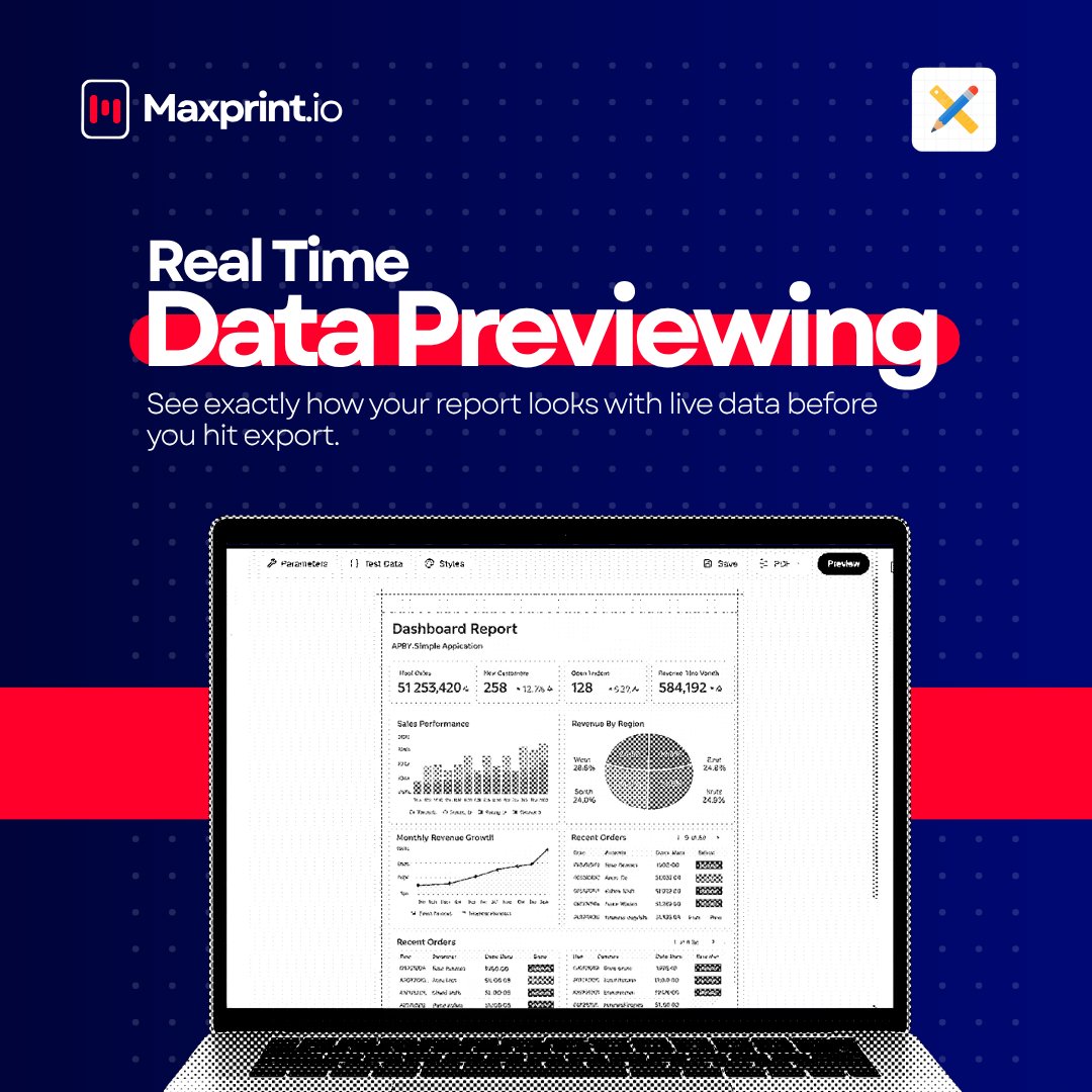 MaxPrintReports's tweet photo. Eliminate the guesswork and get it right the first time with our live preview feature that lets you visualize your final document with real data directly inside the designer.

Get started at https://t.co/WQtQFFk7Xd!

#MaxPrint #orclapex #DataReporting #OracleAPEX #ReportingTools https://t.co/w87YBIOcc1