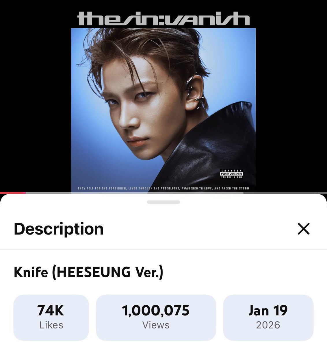 [ INFO ] 060426

 KNIFE (Heeseung Ver) has reached 1M views on Youtube!  

Congratulations for this wonderful milestone our Ace!

Due to the tag party later, tagline party for Knife (Heeseung Ver) will be moved tomorrow ⏰

(if there are changes, it will be announced)

 #HEESEUNG