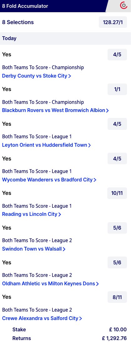 TenQuidCoupons's tweet photo. £10 BTTS #EFL #BPL #BTTS #Acca #Football #Bet https://t.co/24VQHikUaC