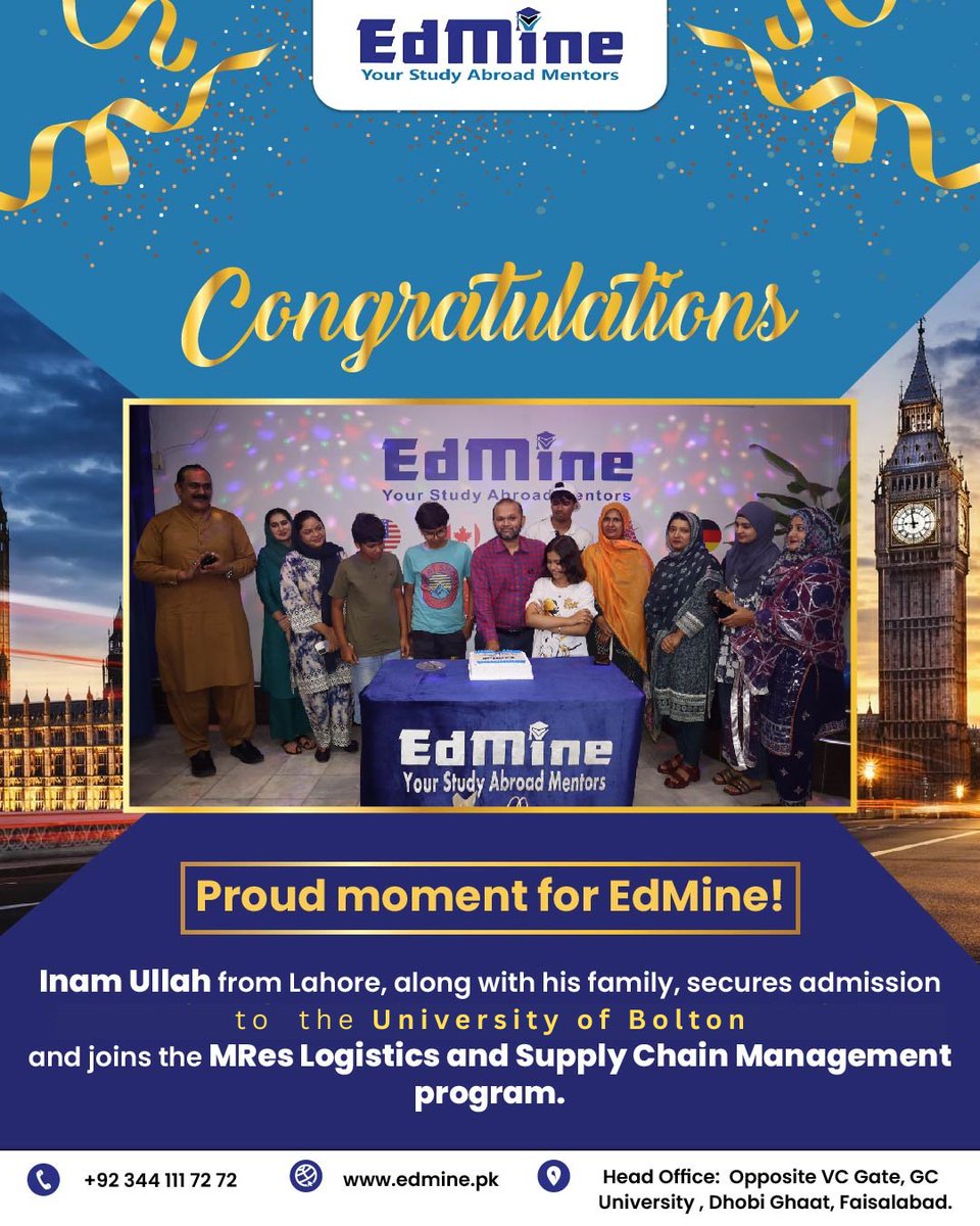 edmine_official's tweet image. 𝐈𝐧𝐚𝐦 𝐔𝐥𝐥𝐚𝐡 from Lahore secures admission to University of Bolton| MRes Logistics &amp;amp; Supply Chain Management.
#successstory #universityofbolton #edmine #studentlife #studyvissa #edmineyourstudyabroadmentors #ukuniversities #StudyInUK #studentlife #studyvisa