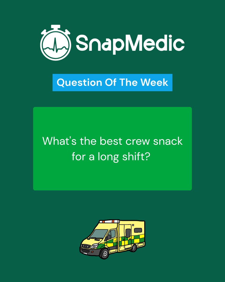 SnapMedic's tweet photo. 🚑 Ambulance Question of the Week

What's the best crew snack for a long shift?

No judgement zone - just curious minds! 🧠

💬 Have your say: https://t.co/NyibkkSxuo https://t.co/BGzeYVGlXa